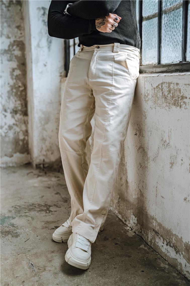Paça Fermuarlı Baggy Pantolon Krem
