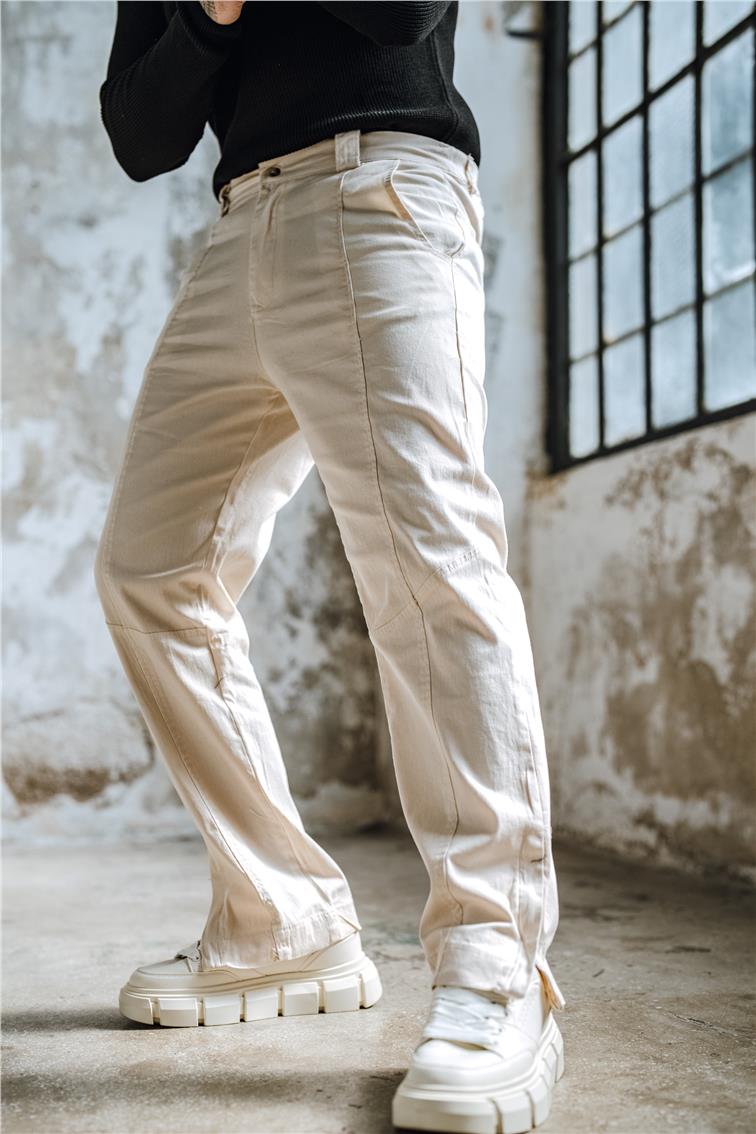 Paça Fermuarlı Baggy Pantolon Krem