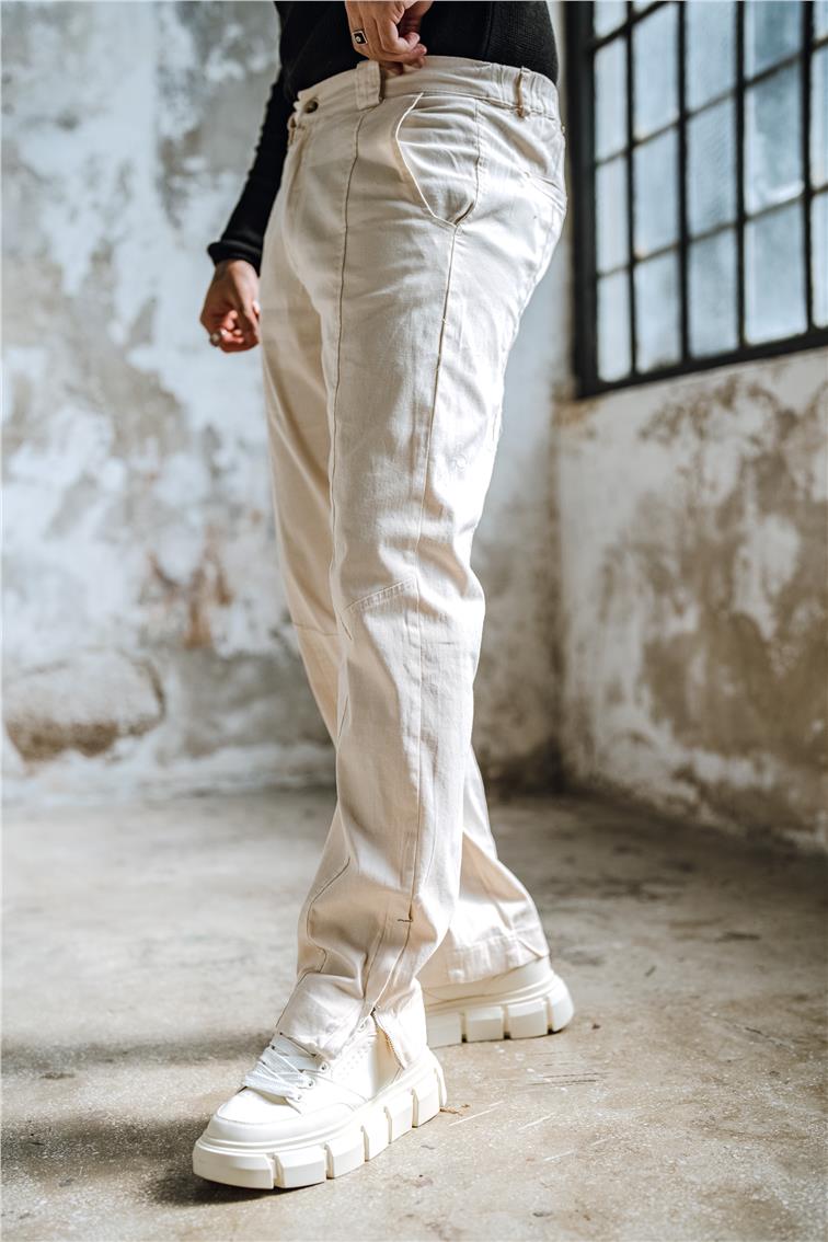 Paça Fermuarlı Baggy Pantolon Krem