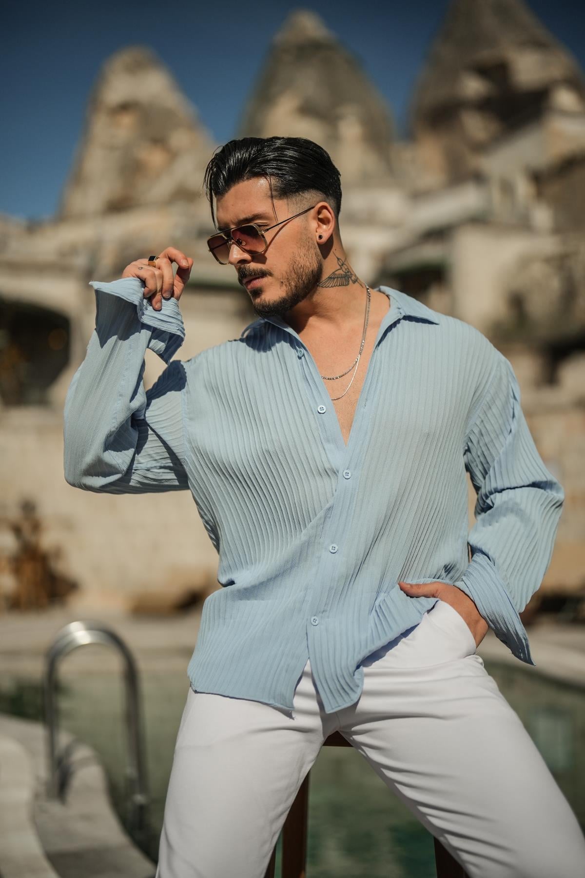 Pamale Kumaş Oversize Gömlek Açık Mavi