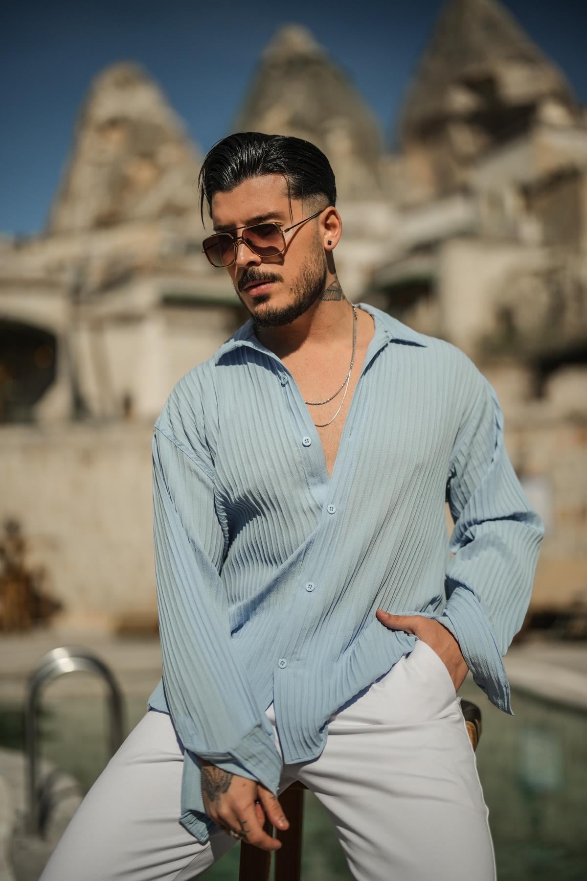 Pamale Kumaş Oversize Gömlek Açık Mavi