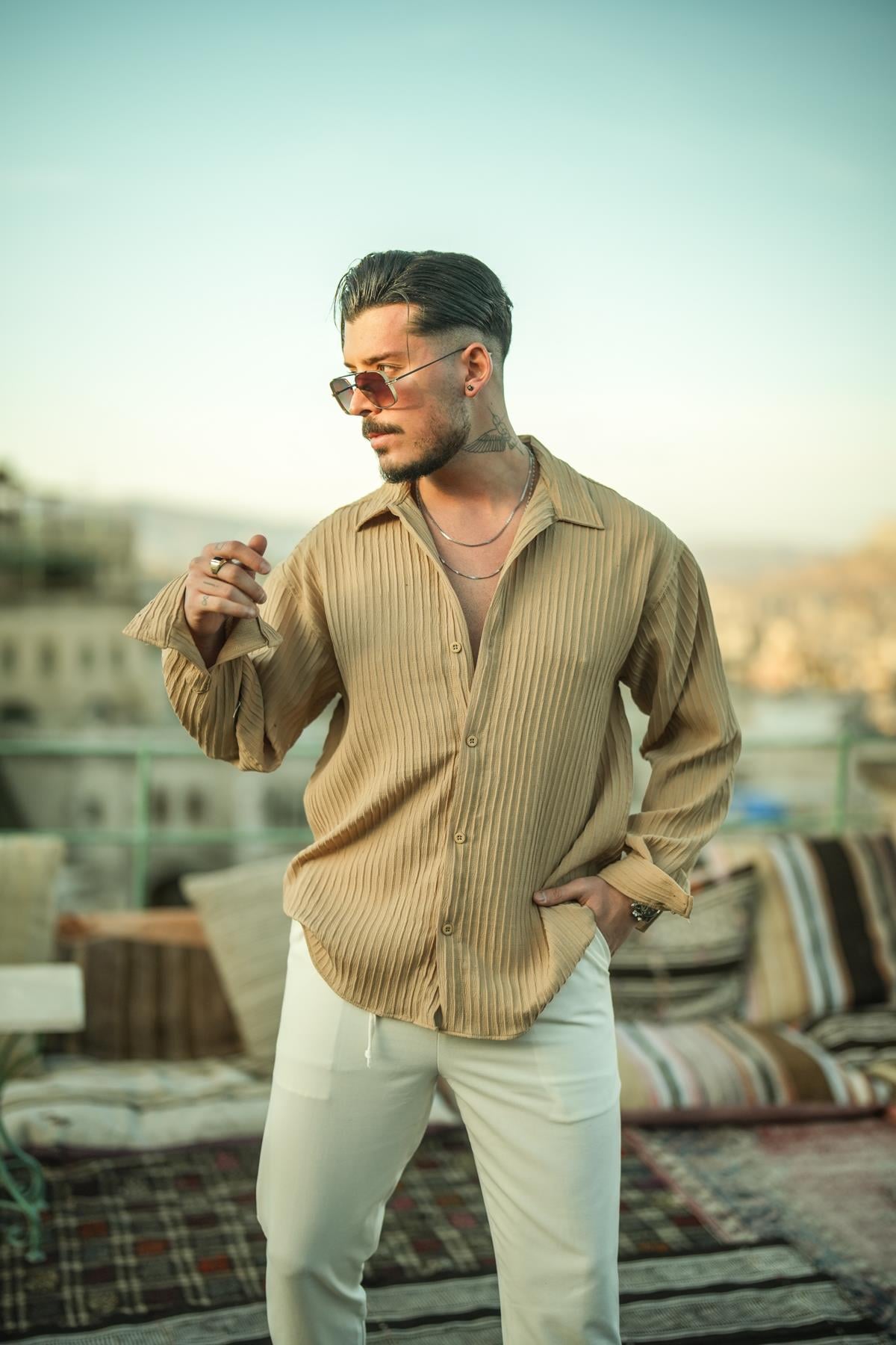 Pamale Kumaş Oversize Gömlek Camel