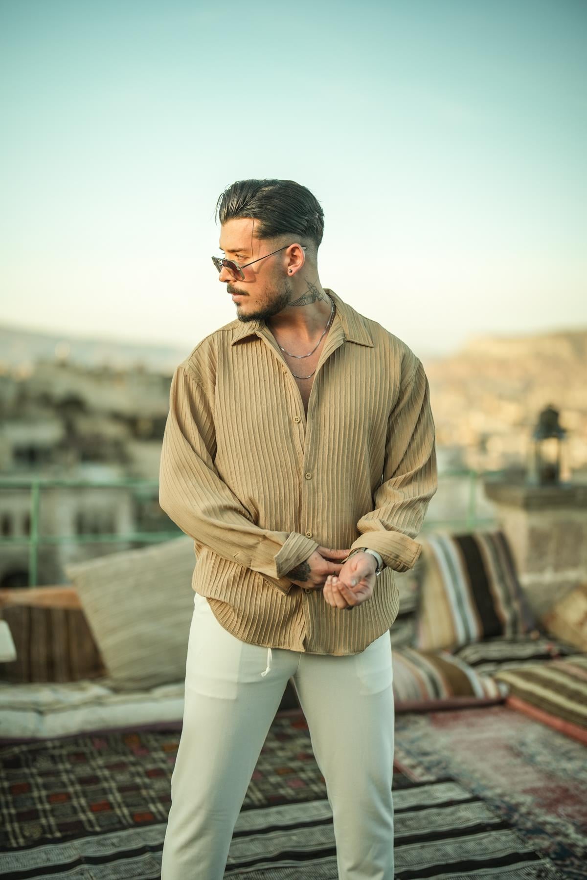 Pamale Kumaş Oversize Gömlek Camel