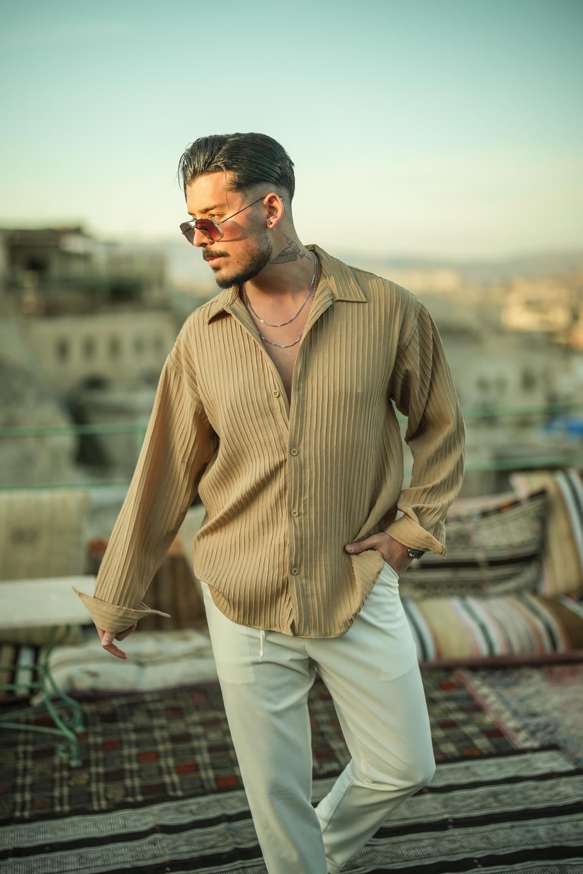 Pamale Kumaş Oversize Gömlek Camel