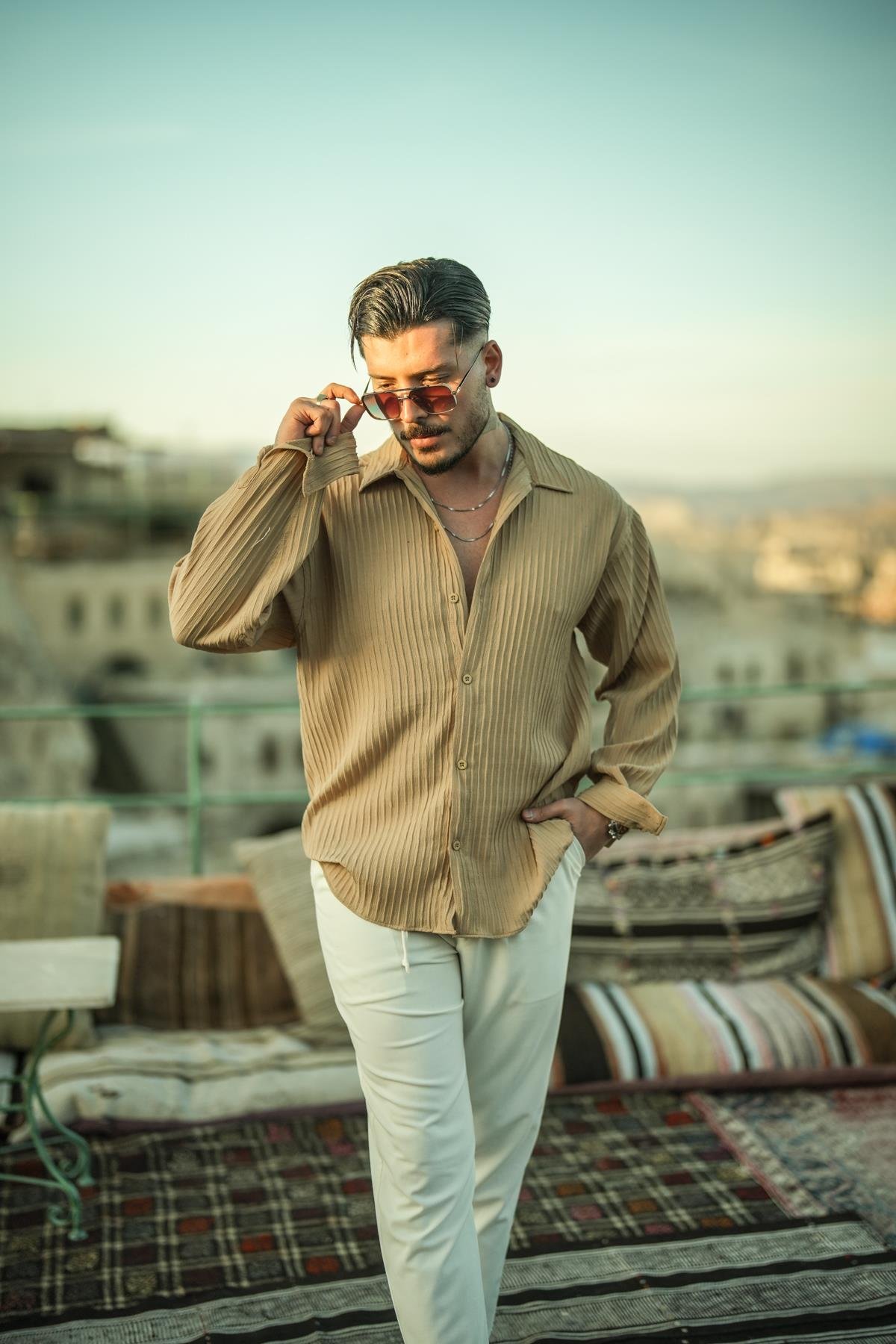 Pamale Kumaş Oversize Gömlek Camel