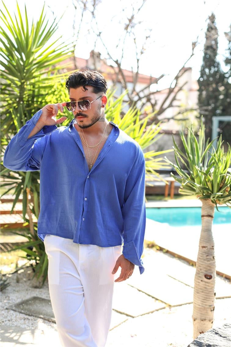Pamuklu Beyaz Düğmeli Oversize Gömlek Koyu Mavi