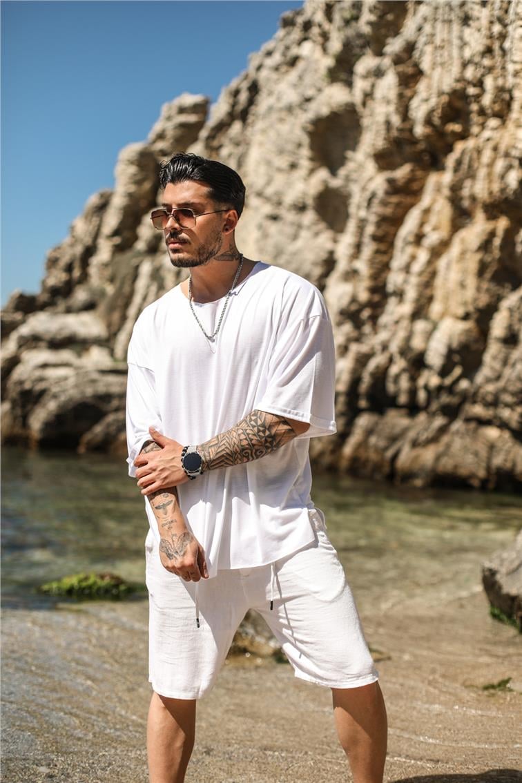 Pamuklu Fakir Kol T-Shirt Beyaz