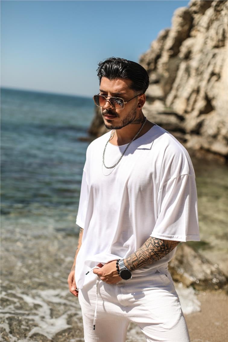 Pamuklu Fakir Kol T-Shirt Beyaz