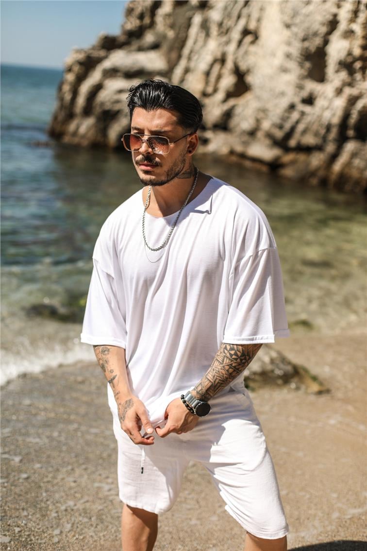 Pamuklu Fakir Kol T-Shirt Beyaz