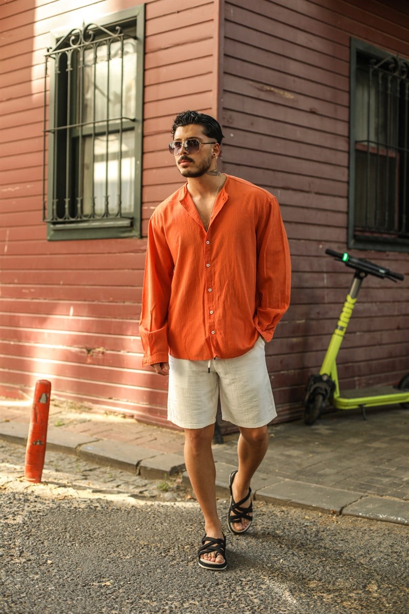 Pamuklu Sıfır Yaka Oversize Gömlek