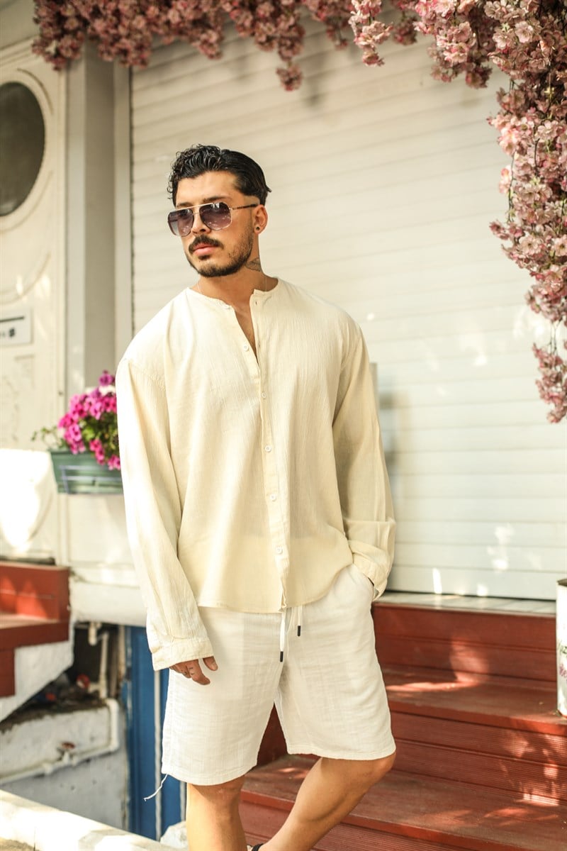 Pamuklu Sıfır Yaka Oversize Gömlek