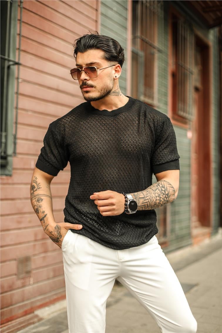 Papatya Detaylı Oversize T-Shirt Siyah