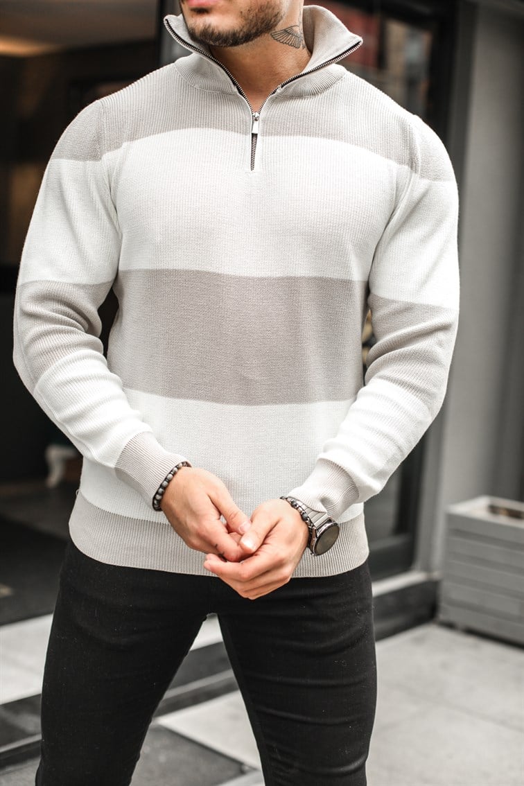 Paralel Fermuarlı Boğazlı Örme Sweatshirt