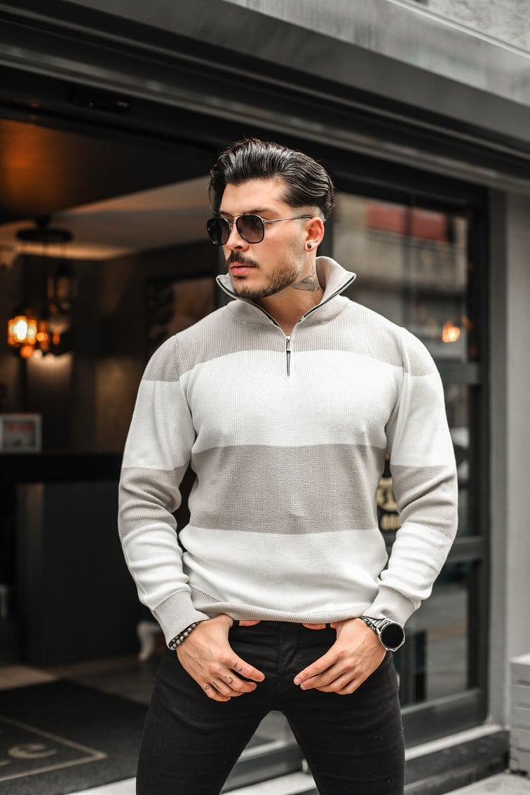 Paralel Fermuarlı Boğazlı Örme Sweatshirt