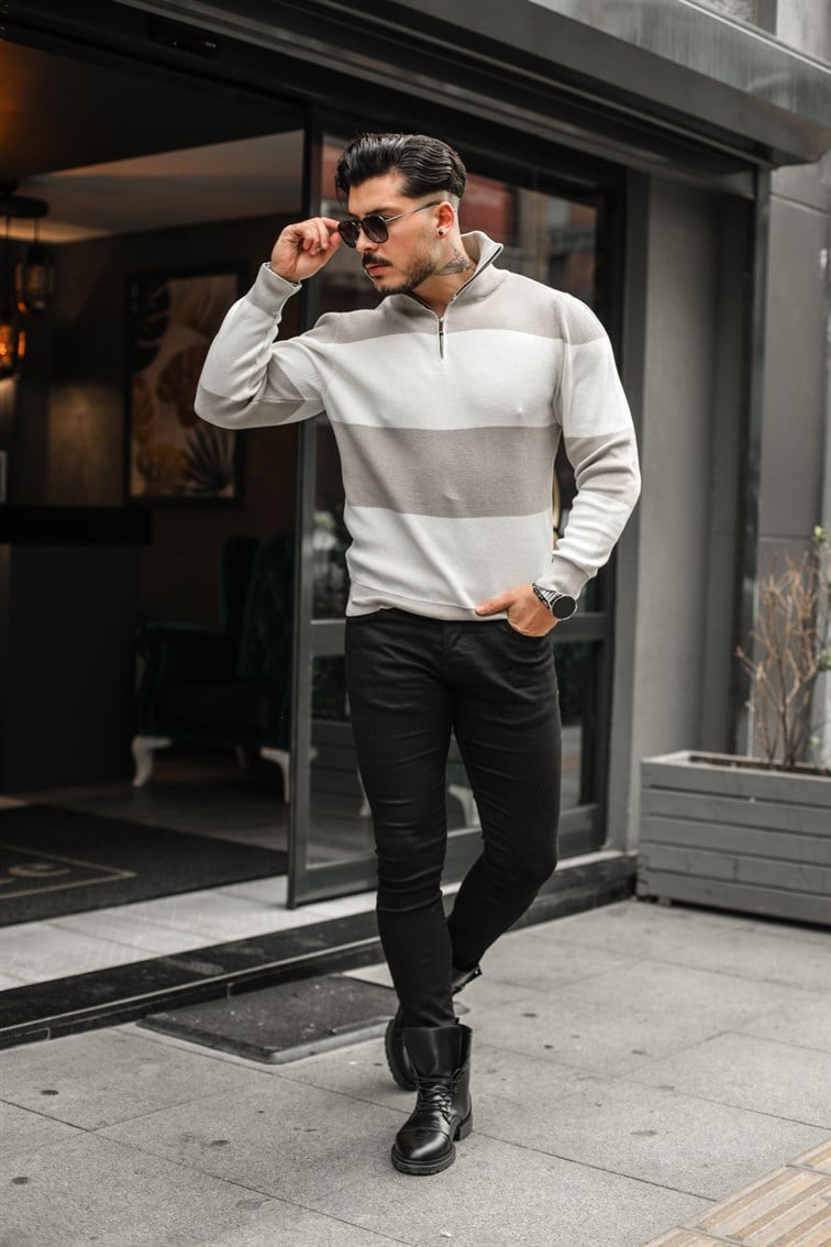 Paralel Fermuarlı Boğazlı Örme Sweatshirt