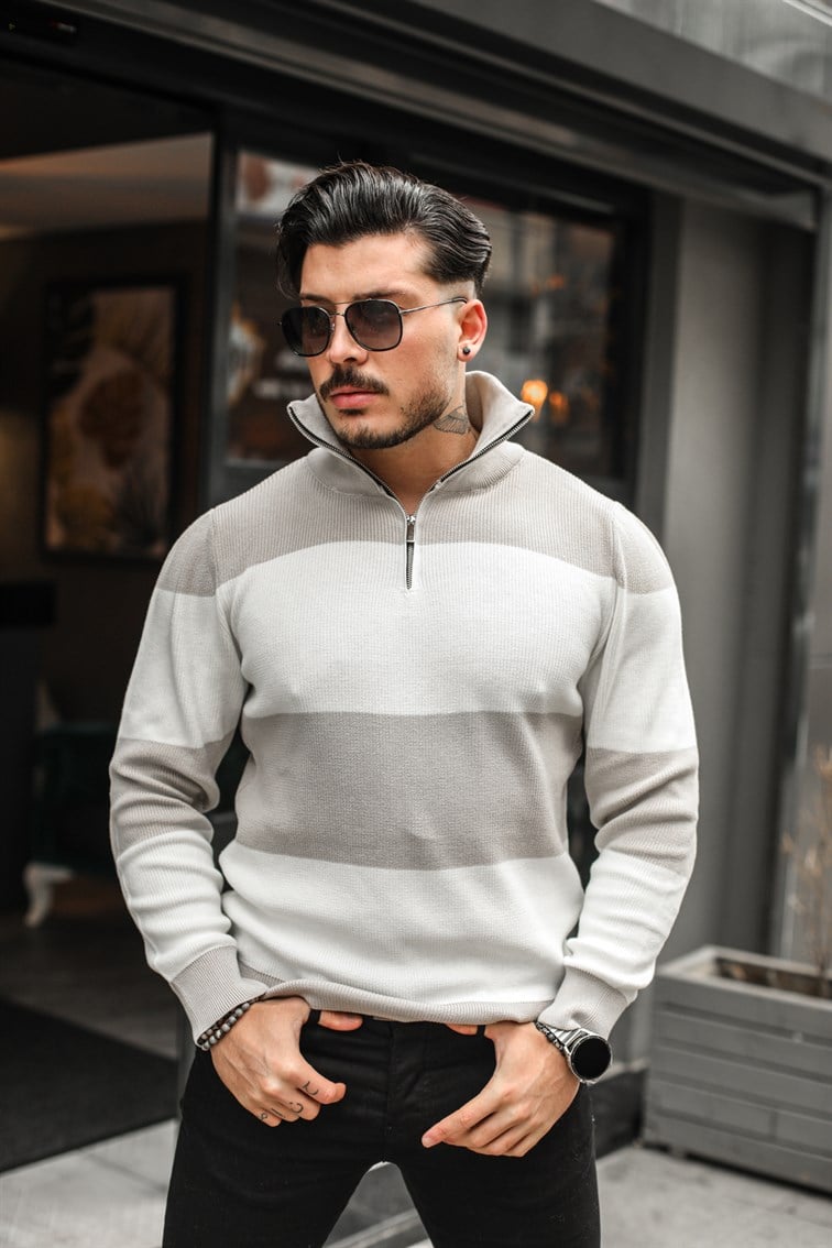 Paralel Fermuarlı Boğazlı Örme Sweatshirt