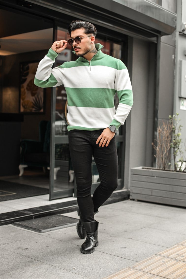 Paralel Fermuarlı Boğazlı Örme Sweatshirt