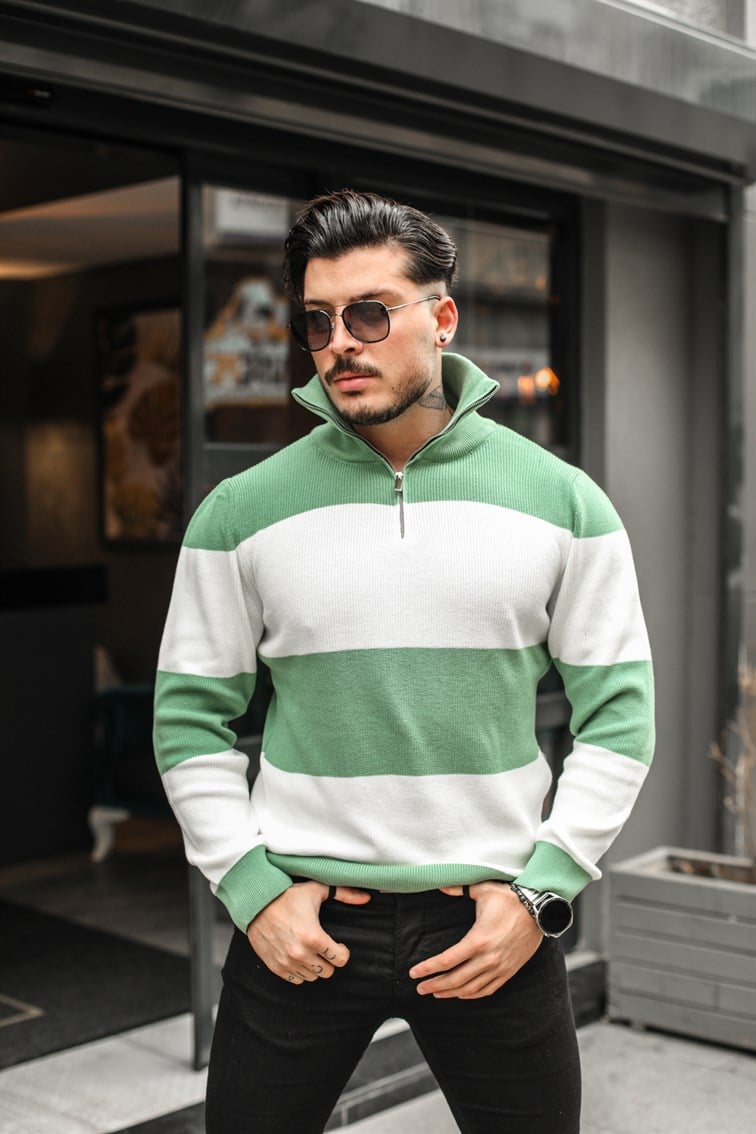 Paralel Fermuarlı Boğazlı Örme Sweatshirt