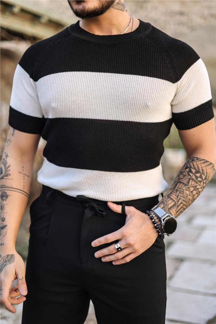 Paralel Örme Dar Kalıp Triko T-Shirt Siyah