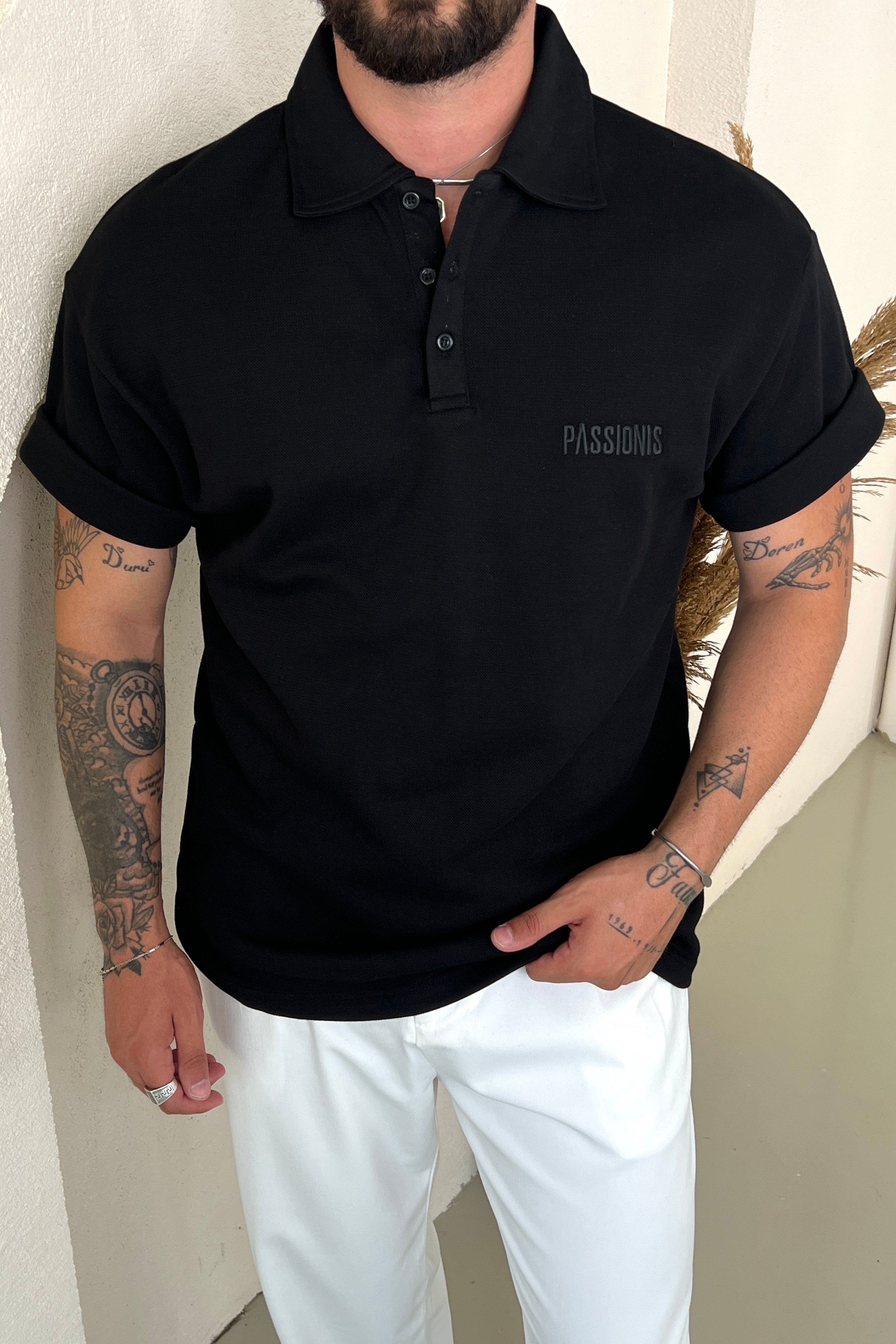 Passionis Nakış Detay Polo Yaka Tshirt Siyah