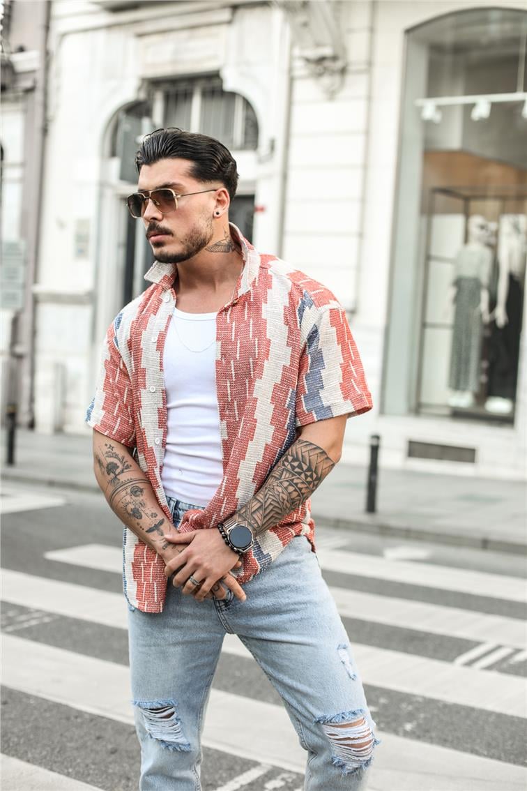 Piksek Renkli Örme Oversize Gömlek Kırmızı