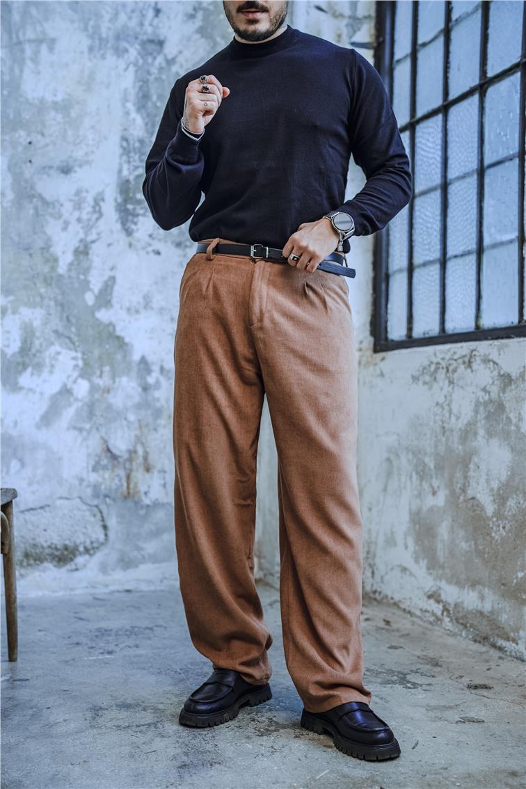 Pileli Baggy Kadife Pantolon Camel