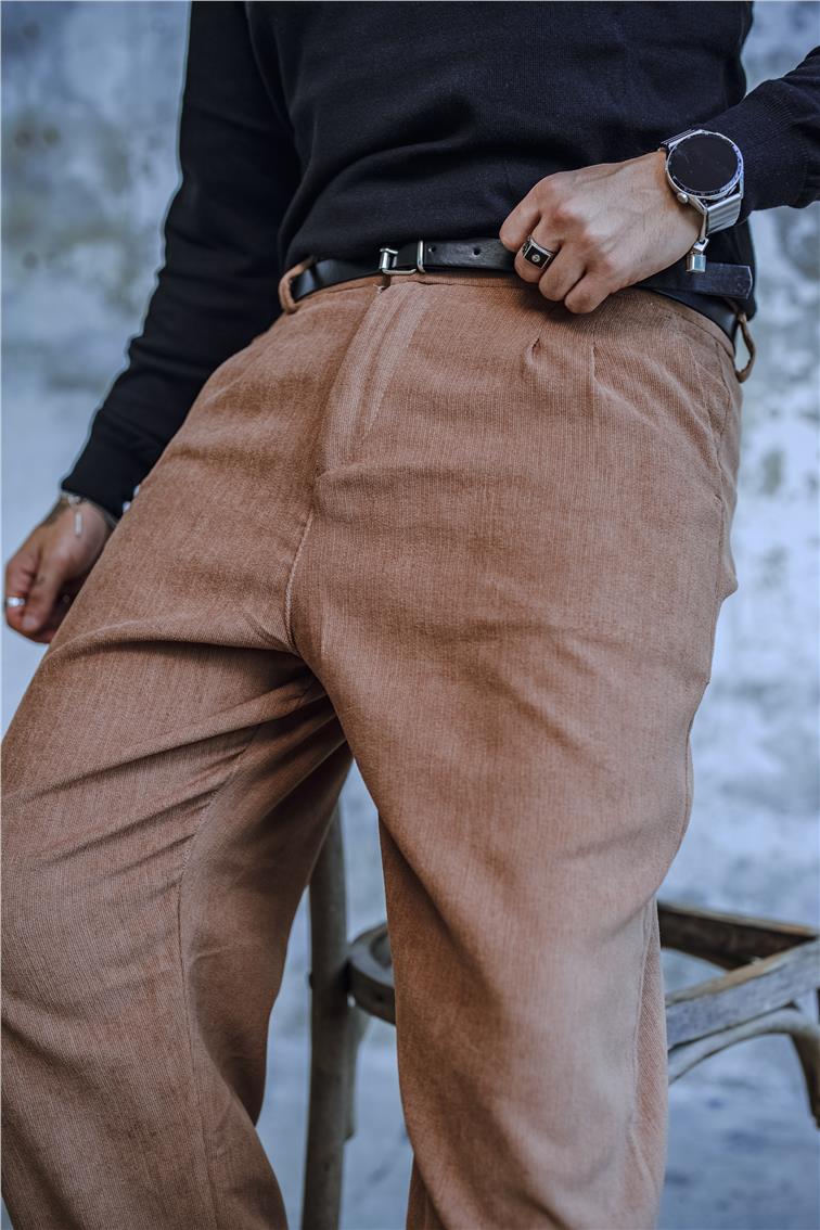 Pileli Baggy Kadife Pantolon Camel