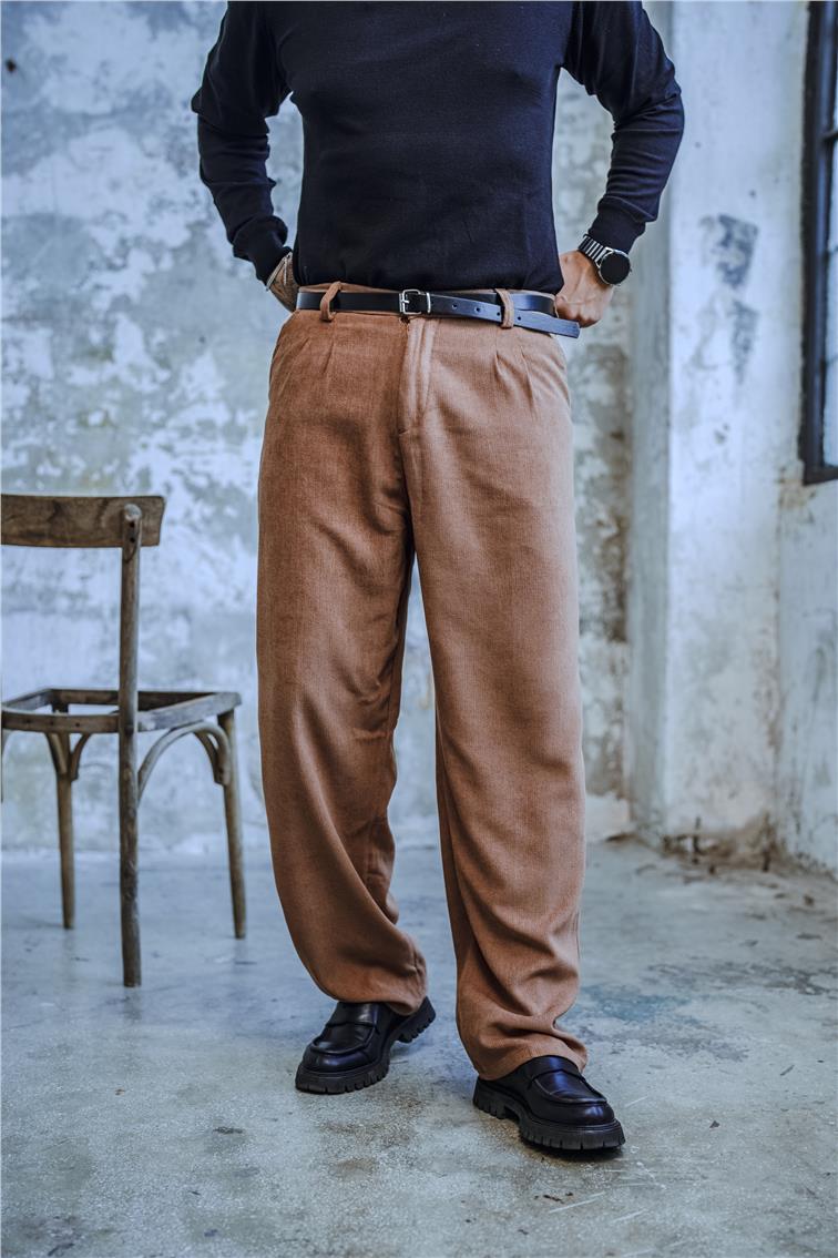 Pileli Baggy Kadife Pantolon Camel