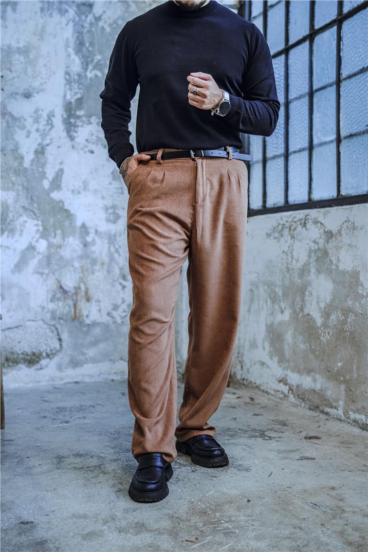 Pileli Baggy Kadife Pantolon Camel