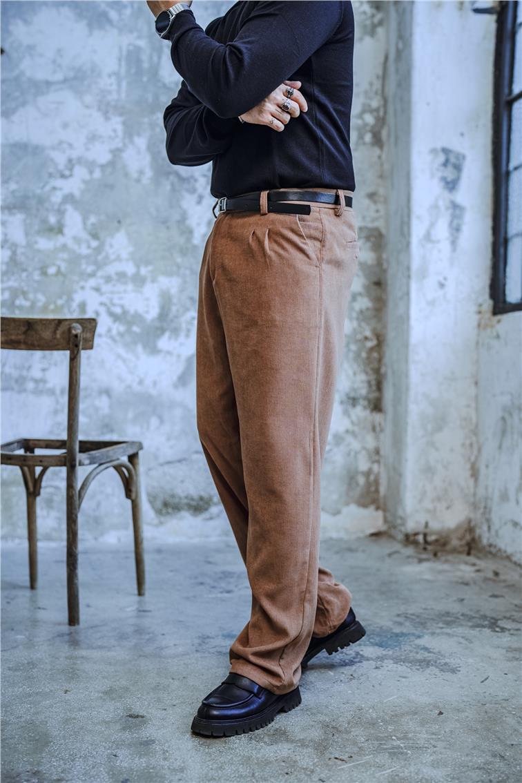 Pileli Baggy Kadife Pantolon Camel