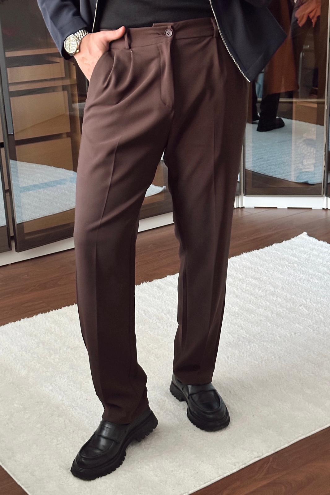 Pileli Bol Basic Pantolon Kahve