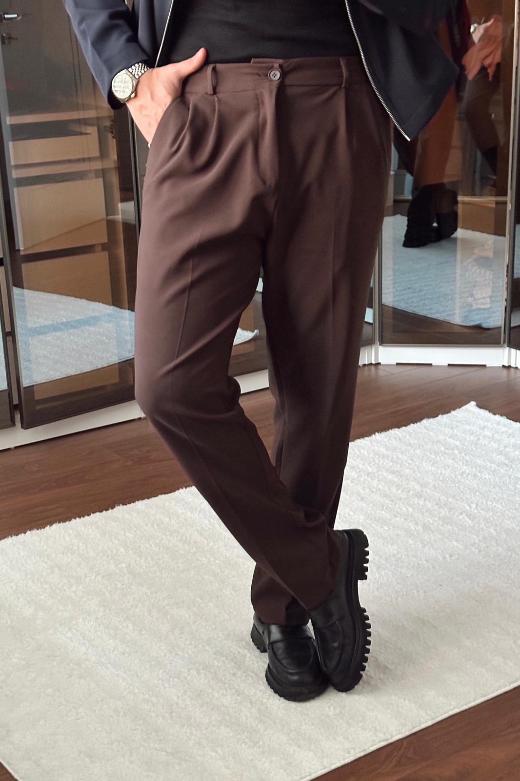 Pileli Bol Basic Pantolon Kahve