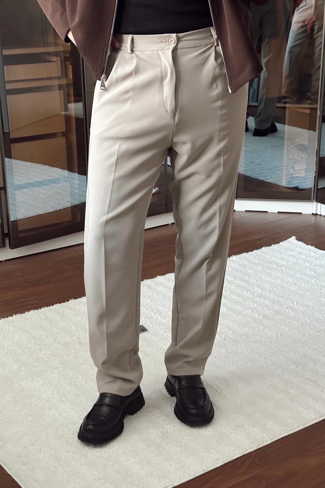 Pileli Bol Basic Pantolon Krem