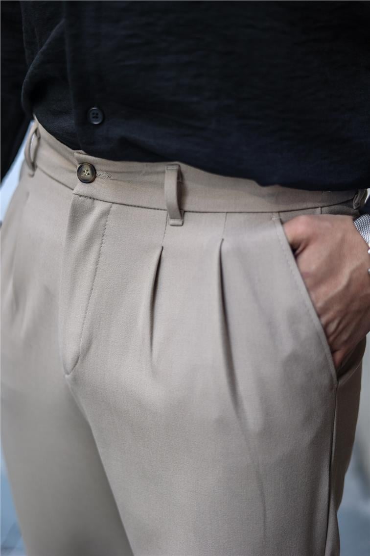 Pileli Klasik Baggy Pantolon Bej