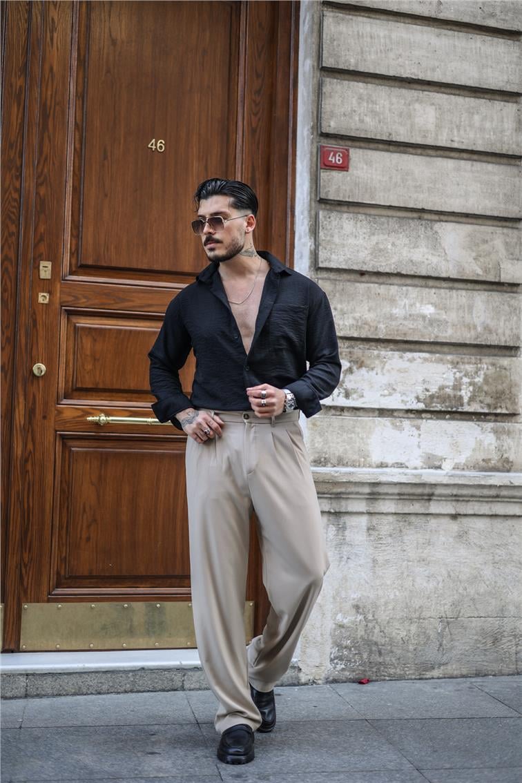 Pileli Klasik Baggy Pantolon Bej