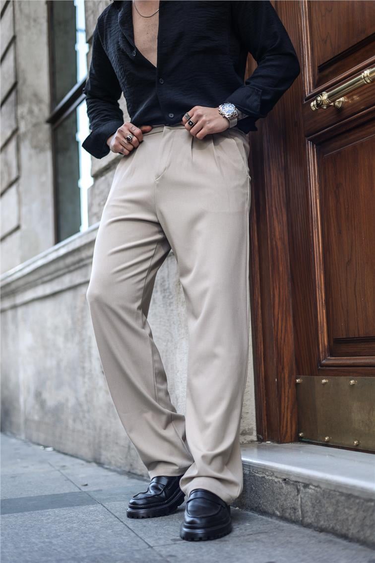 Pileli Klasik Baggy Pantolon Bej
