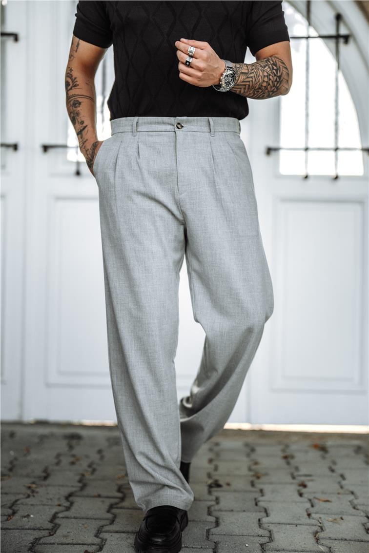 Pileli Klasik Baggy Pantolon Gri