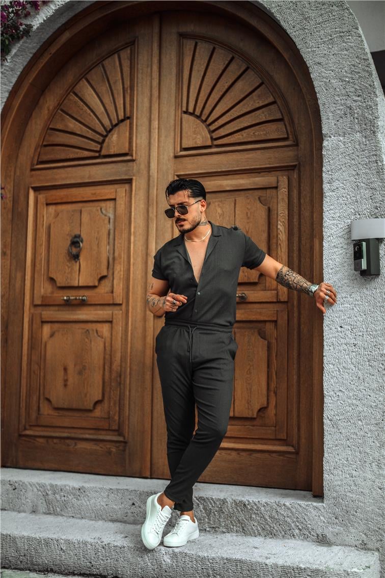Pilili Slim Fit Eşofman Füme
