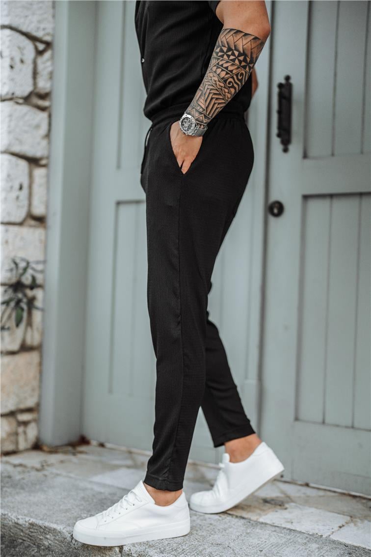Pilili Slim Fit Eşofman Siyah