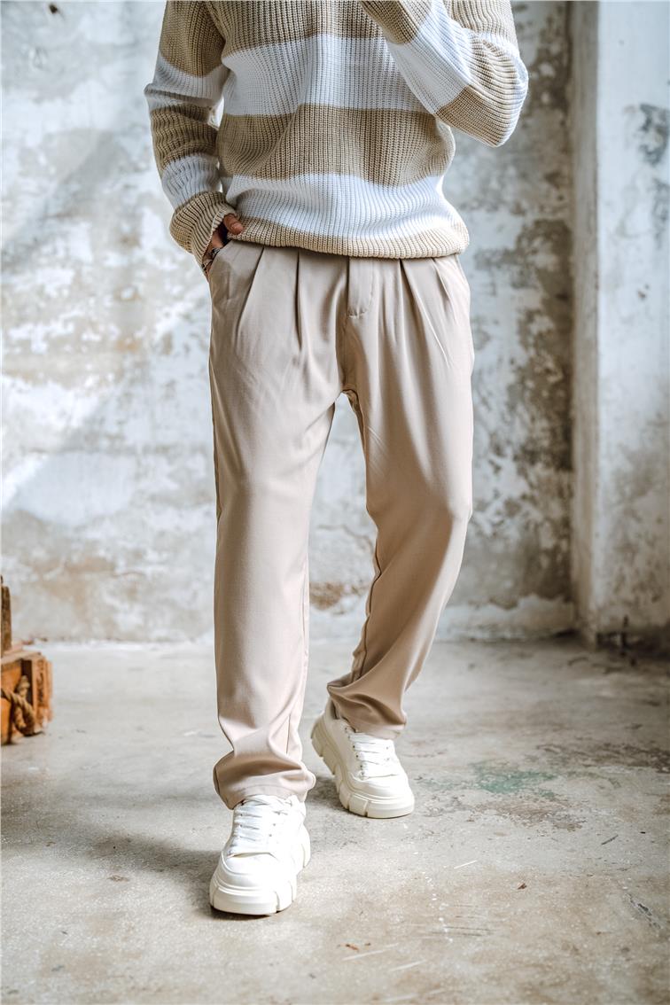 Pliseli Jogger Bel Pantolon Bej