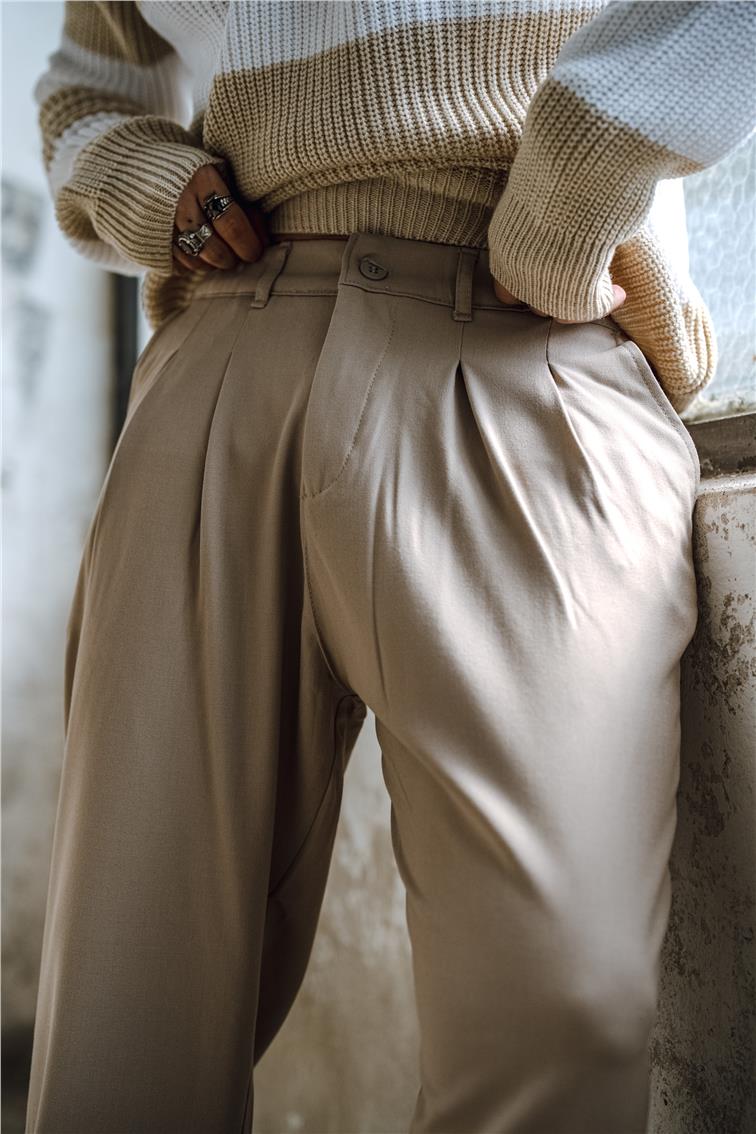 Pliseli Jogger Bel Pantolon Bej
