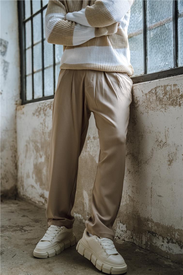 Pliseli Jogger Bel Pantolon Bej