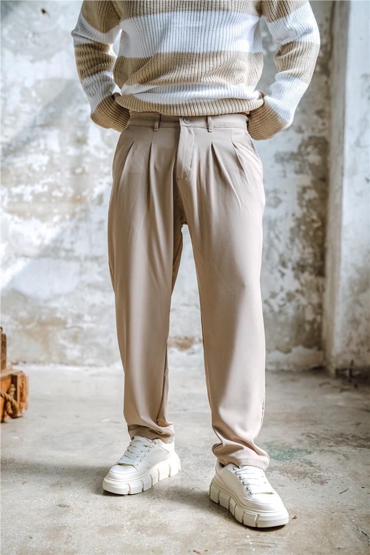 Pliseli Jogger Bel Pantolon Bej