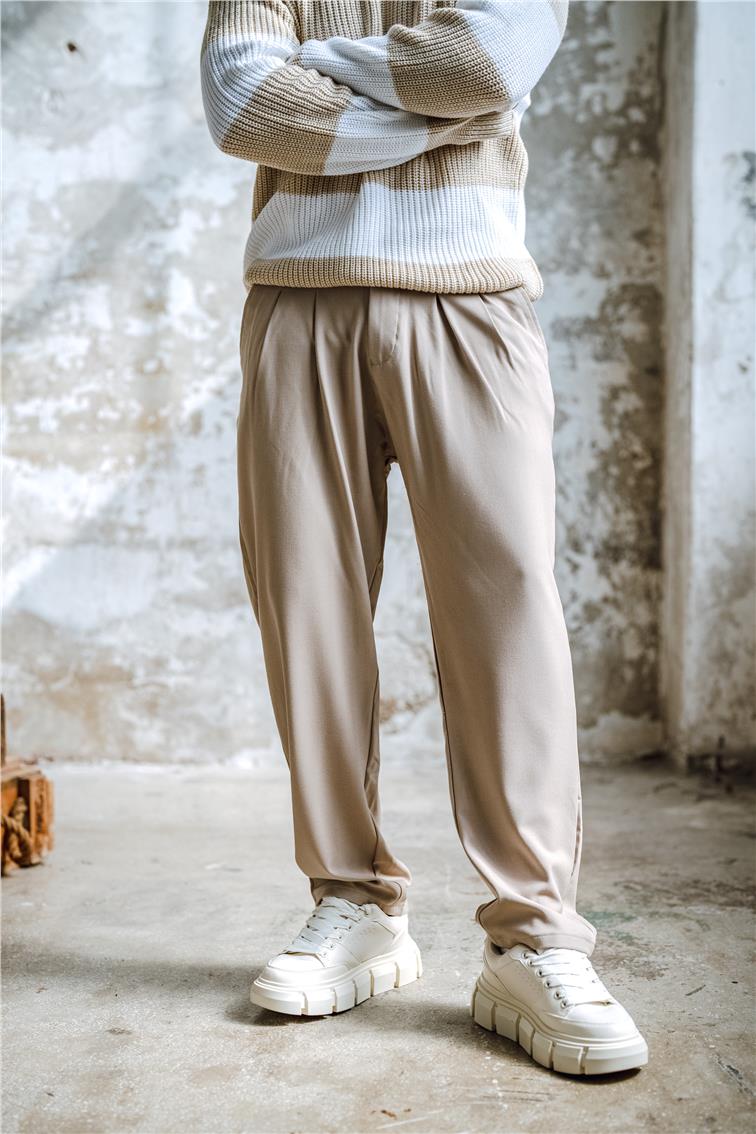 Pliseli Jogger Bel Pantolon Bej