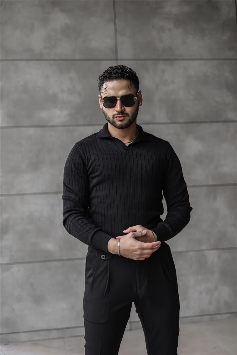 Polo Yaka Dik Çizgili Kazak Siyah