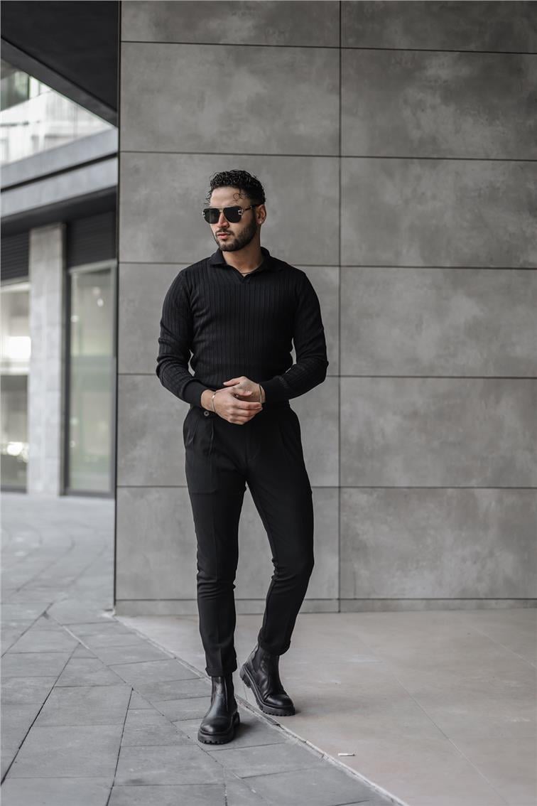 Polo Yaka Dik Çizgili Kazak Siyah