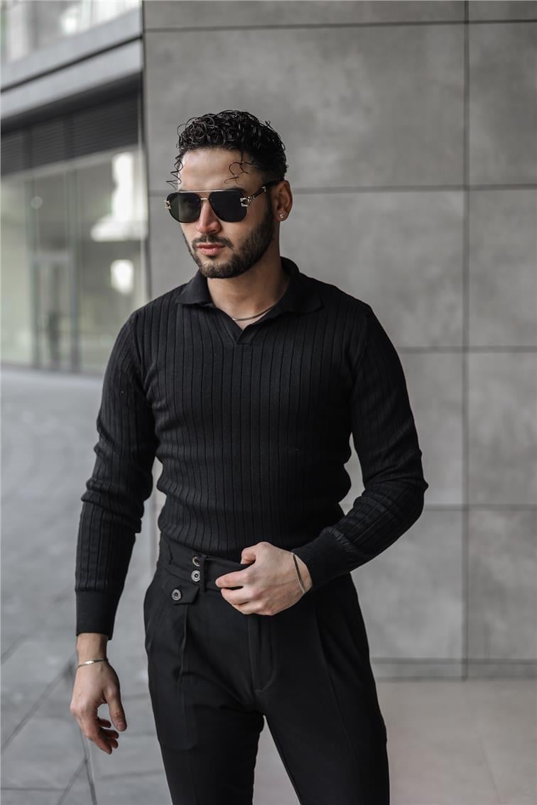 Polo Yaka Dik Çizgili Kazak Siyah