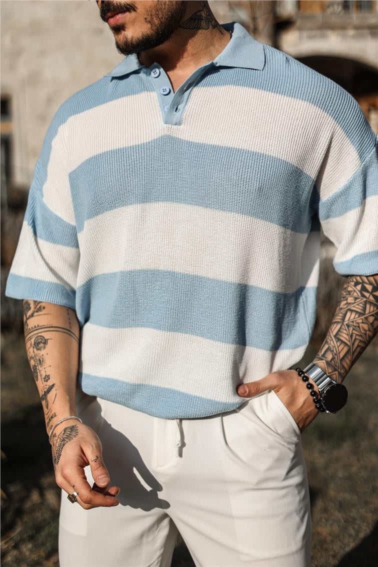 Polo Yaka Düğmeli Örme T-Shirt Açık Mavi