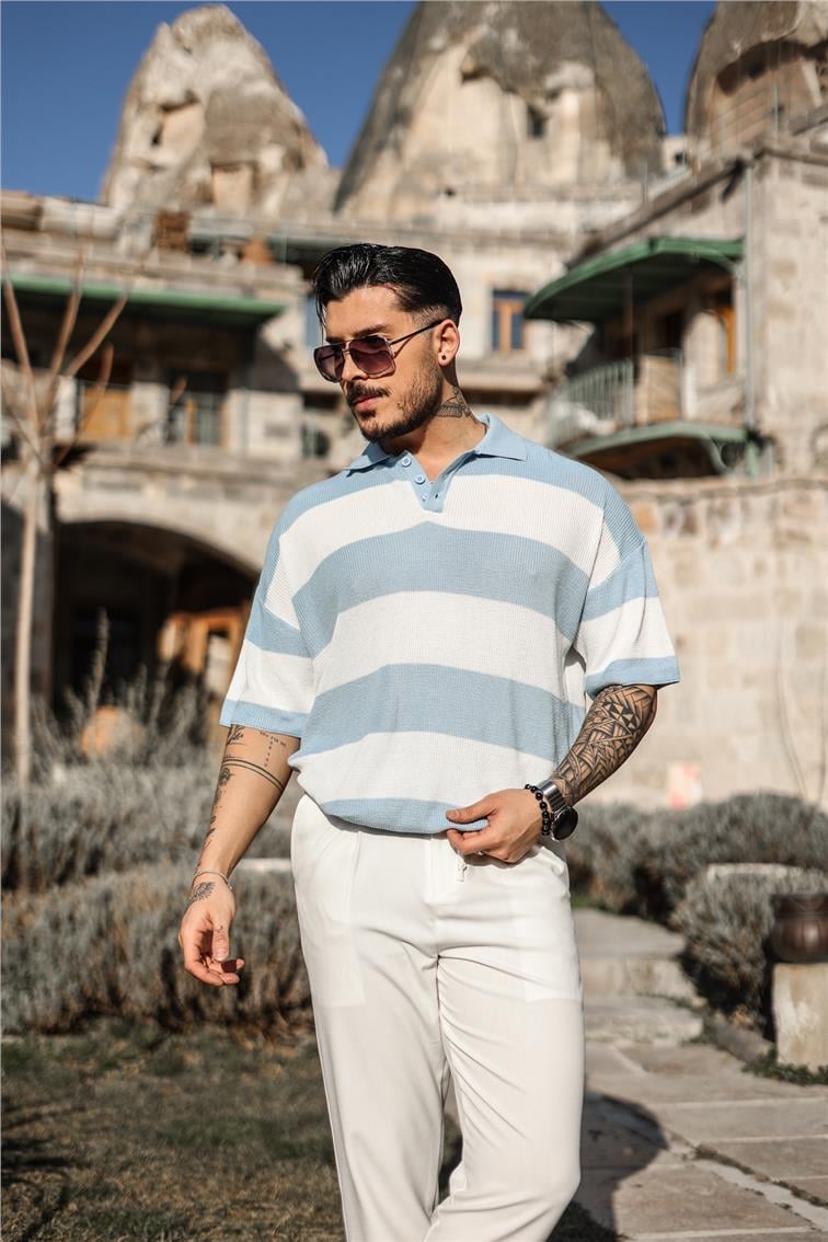 Polo Yaka Düğmeli Örme T-Shirt Açık Mavi