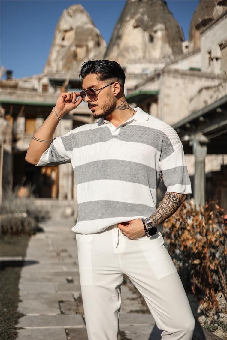 Polo Yaka Düğmeli Örme T-Shirt Gri